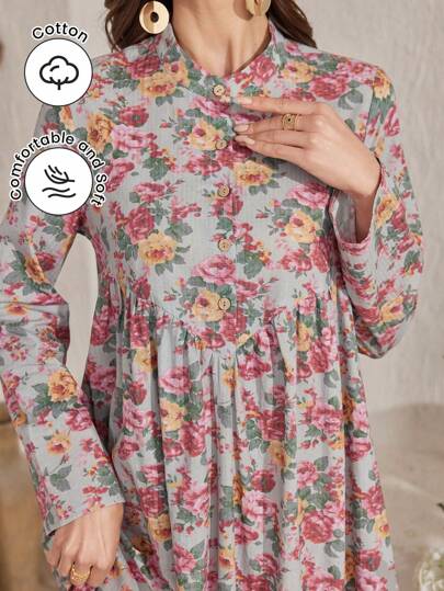 Al Najma 前扣闭合长袖花卉印花褶皱阿拉伯风格连衣裙，朴素的波西米亚风罩衫阿拉伯连衣裙，适合旅行/休闲/居家/度假