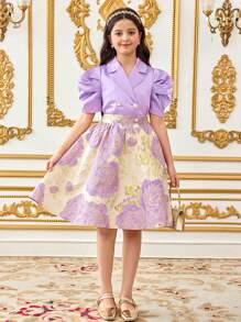 SHEIN Tween Girls 2 件套优雅提花衬衫和裙子套装