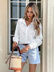 SHEIN LUNE 女士休闲孔眼刺绣纽扣长袖衬衫 夏季女士 春季女士 波西米亚风 乡村风 音乐会风 - 白色 - 查看 7