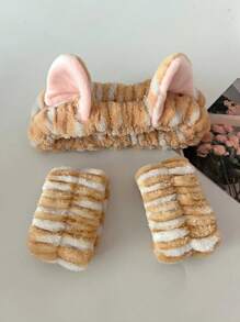 3pcs Multi-Functional Leopard Striped Cat Ear Headband, Waterproof Wristband For Washing Face And Makeup Home Bathroom Decor Summer - Multicolor - View 5