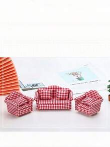 SHEIN 1pc 1:12 Mini Furniture Country Style Red & White Plaid Sofa Model Toy Christmas Decor,Doll Couch,Doll House Decor,Sylvanian Families