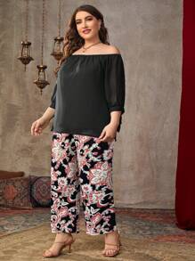 SHEIN VCAY Plus Size 2Pcs Set: Solid Color Off Shoulder Top And Floral Print Pants, Casual Vacation Outfit - Pink - View 3