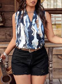 SHEIN LUNE Plus Size Women's Sleeveless Ruffle Printed Tank Top - Blue - View 4