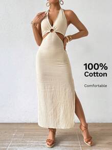 Chiquease Solid Color Cutout Halter Neck Dress With Textured Finish