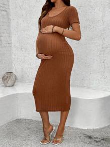 SHEIN Casual Vacation Round Neck Short Sleeve Fitted Maternity Dress - Brown - View 3