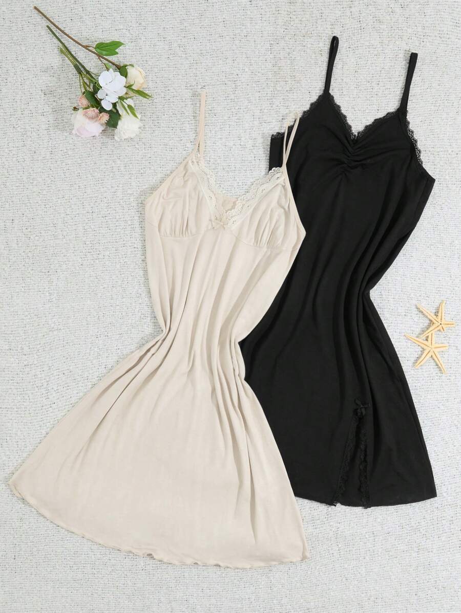 RueChic Women 2 Pcs Lace With Split Detail Homewear Sleveeless Sleep Dress Set - Multicolor - View 1