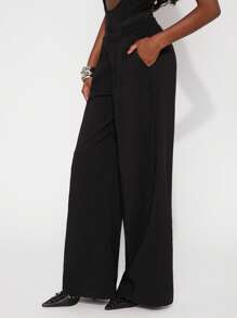 NYA SZN 裤子春季松紧腰阔腿裤节日夏季商务休闲早午餐可爱办公室西服婚礼宾客特殊场合女士服装 - 黑色 - 查看 5