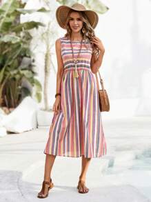 EMERY ROSE Women Sleeveless Casual Striped Dress, Vacation Style - Multicolor - View 7