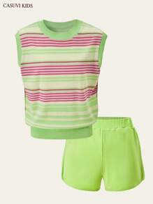 SHEIN Explorewe 2pcs/Set Girls Striped Lightweight Sweater And Shorts Set - Green - View 6