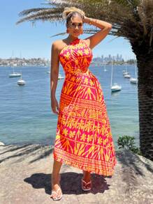 SHEIN SXY Vestido bohemio con estampado floral rosa y naranja, diseño con recorte en la cintura y cordón, bajo asimétrico, perfecto para fiestas, vacaciones, días festivos y uso diario - Multicolor - Ver 3