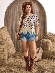 SHEIN LUNE Große Größen Lässig Geometrisches Muster Quasten Saum T-Shirt Sommer für Frauen & Urlaub Frau & Rave Festival mit Fransen Saum Konzert Frauen Boho/Bohemian Sommer Tops Sommer Neues Design Frauen Boho/Boho Sommer Neues Design - Schwarz - Übersicht 6