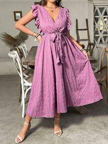 SHEIN Clasi Plus Size Women's Solid Color V-Neck Pleated Outing Party Daily Elegant Spring And Summer Ruffle Sleeve Dress - Red Violet - View 3