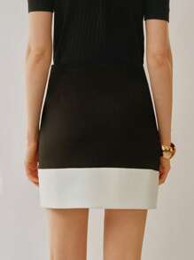 Elenzga Women's Woven Black & White Contrast Metal Button Elegant Office Skirt - Black and White - View 7