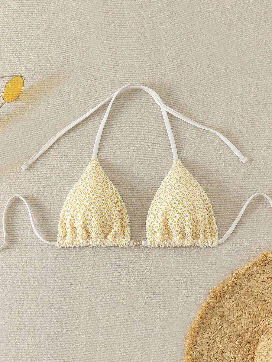 Swim Mod Beach For Women - Solid Color Textured Fabric Halter Triangle Bikini Top, Summer - Yellow - View 1