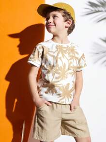 SHEIN 2pcs/Set Boys' Palm Tree Print Short Sleeve Casual T-Shirt And Shorts Set - Multicolor - View 4