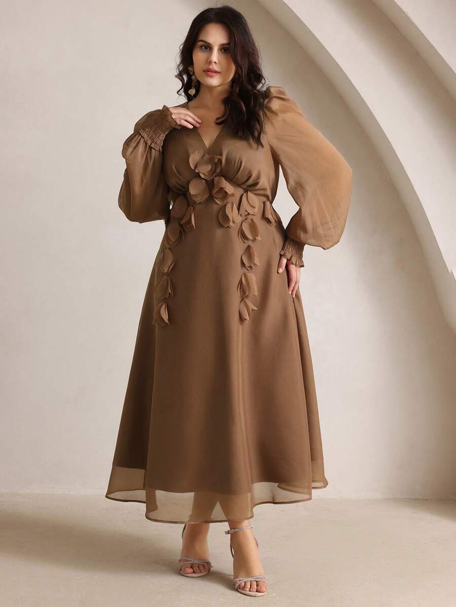 Anewsta Plus Size Women V-Neck Long Sleeve Dress, Featuring 3D Flower Embellishment, Waistband, Luxurious Elegant Party Dress Maxi Women Outfit