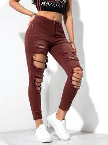 SHEIN EZwear Women's Front Button Pocket Distressed Simple Casual Denim Jeans - Rust Brown - View 6