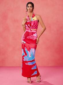 Eva Novielli 设计师抽象花卉印花吊带垂领露背弹力针织夏季超长太阳裙，热带风情，女士海滩，音乐会，优雅，度假，西装，波西米亚风，音乐会服装舞会礼服婚礼早午餐服装茶会礼服狂欢服装 - 彩色 - 查看 6