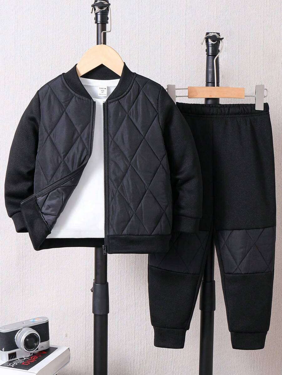 SHEIN 2 Pieces Of Young Boys Clothing Casual College Comfortable Quilted Jacket Long Sleeve Coat And Sweatpants Set Suitable For Commuting To School Daily Casual College Suitable For Kids Outfits Young Boy Clothes Back To School Boys Set Suitable For Birthday Parties, Evening Parties, Performances, Weddings, Baptisms, Opening Ceremonies Daily Suitable For School Suitable For Travel Suitable For Sports Suitable For Autumn And Winter Seasons, Fleece, Thickened - Black - View 1