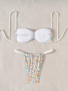 SHEIN Swim 2pcs Random Floral Print Sexy Knit Bikini Sets For Women, Elegant Summer Solid Color Spaghetti Straps Beach Party Swimwear