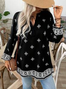 SHEIN LUNE Women's V-Neck Tie Lantern Sleeve Long Sleeve Fashionable Printed Versatile Plus Size Blouse