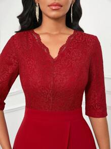 SHEIN Lady 四季生日婚礼婚宴优雅浪漫休闲度假服装女士夏季服装女士红色蕾丝拼接不对称荷叶边下摆设计连体裤女式连体裤 - 紅色 - 查看 7