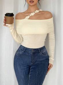 SHEIN Privé New Elegant & Simple Apricot Open Shoulder 3D Floral Decor Waist Loose Long Sleeve Sweater - Apricot - View 6
