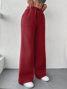 RueChic 女士纯色休闲红色运动裤，简约时尚，适合日常穿着 - 酒紅色 - 查看 3