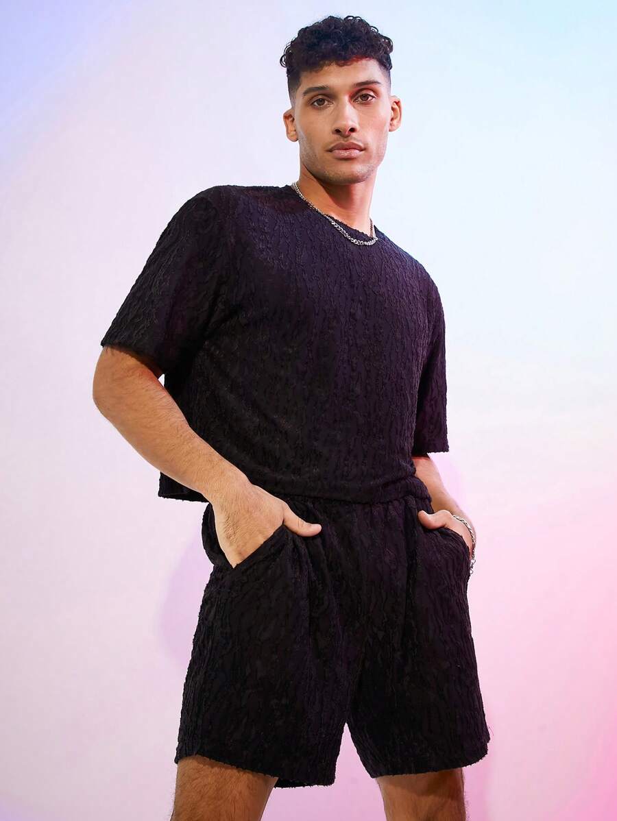 FeverCity 男士针织宽针织短袖T恤套装 - 黑色 - 查看 1