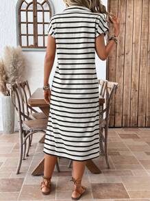 SHEIN LUNE 杏色 & 黑色条纹宽松休闲高领女式长裙 - 杏色 - 查看 2