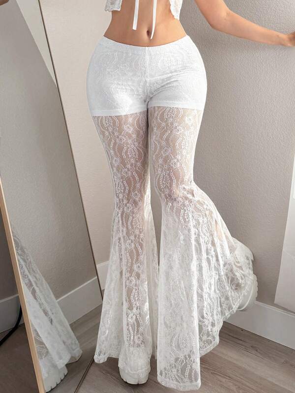 Sweetina Y2K Sexy Low Waist Full Lace White See-Through Flared Trousers