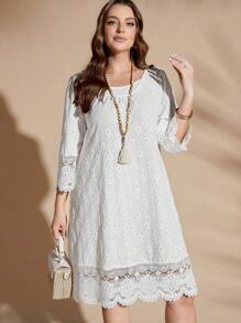 SHEIN Clasi Plus Size Women Round Neck Loose Lace Patchwork Casual Dress - White - View 6