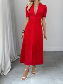 SHEIN Clasi Women's Long Textured French Waist Puff Sleeve Maxi Dress - Red - View 3