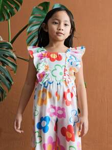 SHEIN Colorful Floral Ruffle Cute Hand-Painted Girls Jumpsuit - Multicolor - View 4