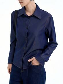 SHEIN Clasi 女式前扣长袖口袋休闲优雅衬衫 - 藍色 - 查看 5