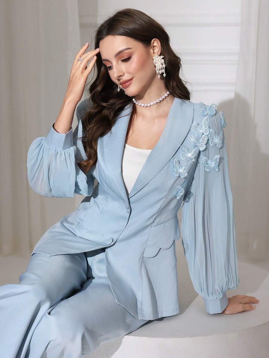 Modelyn 2pcs Women's Chiffon Pleat Bowknot Suit Jacket + Pants Set, Spring/Summer Fall Cloth For Women - Blue - View 1