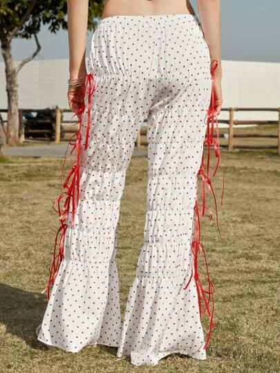 Pantalones casuales de mujer con pliegues, lazo y lunares