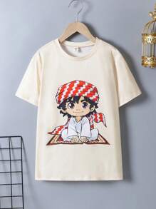 Tween Boy Cute Retro Pattern Loose Comfy Short Sleeve T-Shirt - Apricot - View 7