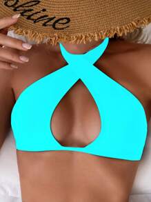 SHEIN Swim 女士镂空交叉吊带性感比基尼上衣，适合夏季海滩度假 - 薄荷藍 - 查看 3
