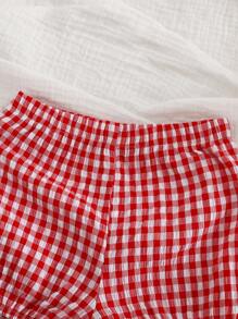 SHEIN Newborn Baby Girl 2pcs Cute Red Plaid Bow Camisole Top And Shorts Set, Summer - Red and White - View 6