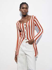 Maija Blouse de vacances à manches longues, nœud sur le devant, motif rayé, style bohème, pour femmes