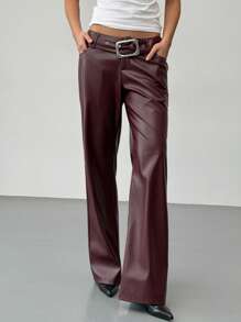 Aloruh Burgundy PU Leather Pocket Waist Straight Leg Pants For Women