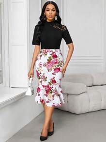 SHEIN Lady Spring And Summer Red Rose Printed Wedding Wedding Guest Women Valentine's Day Elegance And Romance Ruffle Ruffle Designs Vacation Outfits Woman Women Skirts