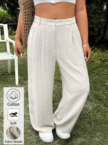 SHEIN EZwear 大码亚麻纯色休闲长裤，春季 - 米色 - 查看 1