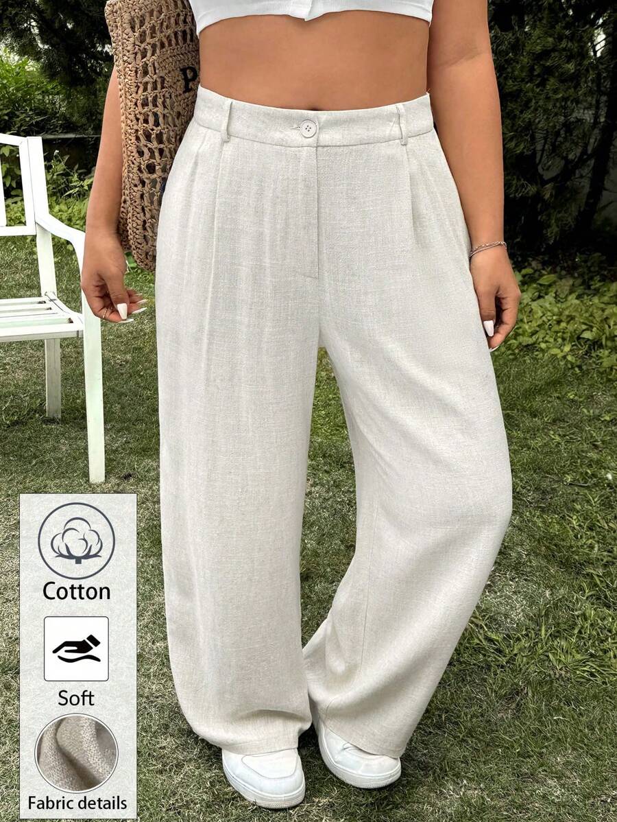 SHEIN EZwear 大码亚麻纯色休闲长裤，春季 - 米色 - 查看 1