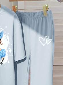 SHEIN Leap Crew 2pcs Tween Girls Casual Minimalist Long Sleeve Top & Leggings Set, Suitable For Autumn/Winter - Blue - View 4