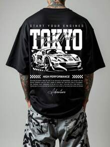Manfinity EMRG Men's Street Racing Tokyo Drift Slogan Print Loose Fit Oversized Drop Shoulder Black T-Shirt - Black - View 4