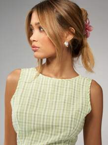 MISSGUIDED 复古格纹印花套装，无袖上衣搭配高腰短裤，春夏休闲两件套，花园派对学院风，圣诞节必备。 - 綠色 - 查看 3