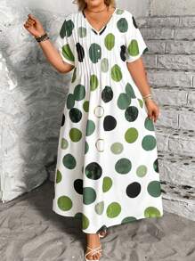 EMERY ROSE Plus Size Women Elegant Asymmetrical Multi-Color Polka Dot Short Sleeve Mini Dress - Multicolor - View 1