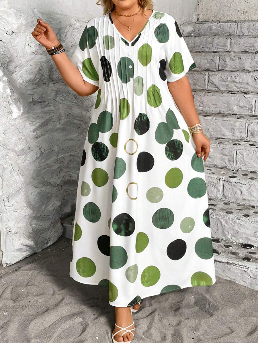 EMERY ROSE Plus Size Women Elegant Asymmetrical Multi-Color Polka Dot Short Sleeve Mini Dress - Multicolor - View 1